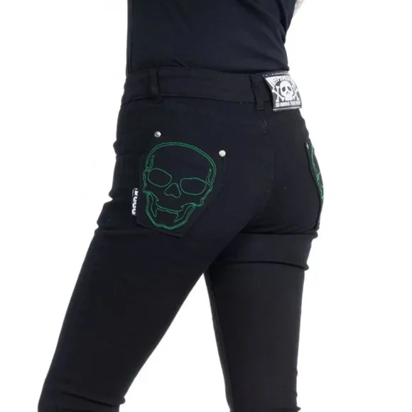 Women's Black Skinny Stretch Jeans Skeleton Bones Skull Coffin Pockets 26-40 NWT - Picture 5 of 5